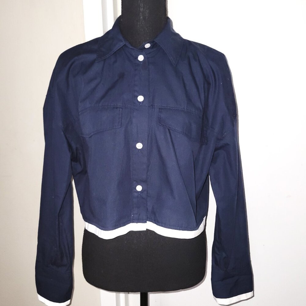 Zara Navy/White Cropped Collared Button Blouse - XS